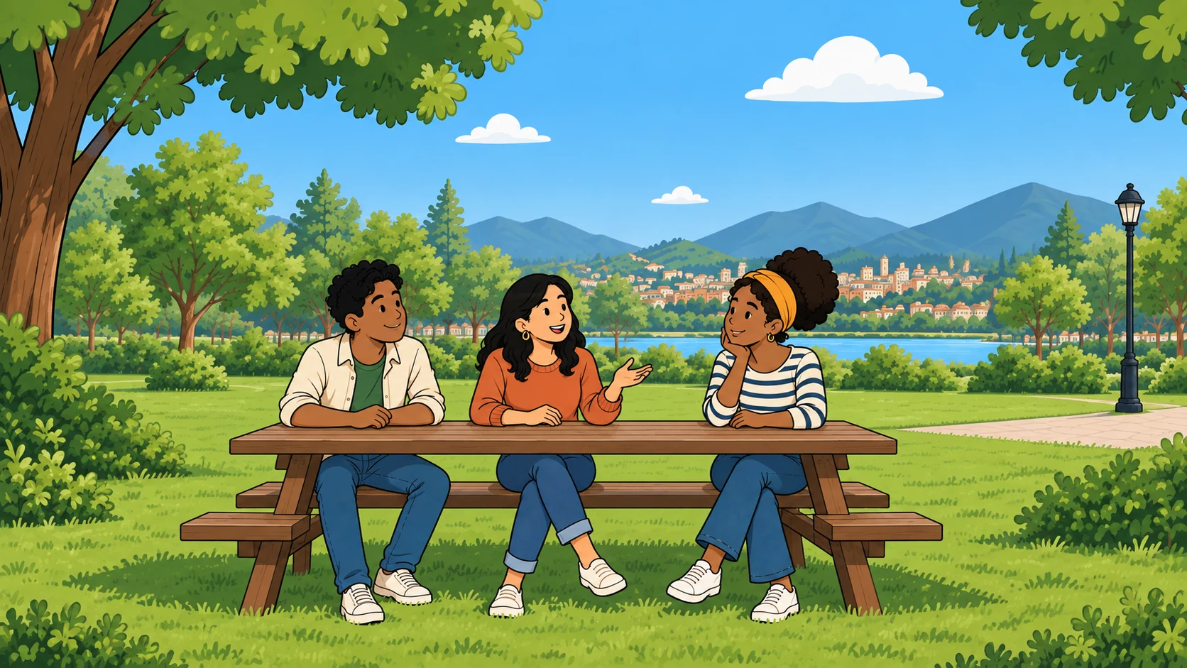 Tres personas comparten una conversación alrededor de una mesa en un parque