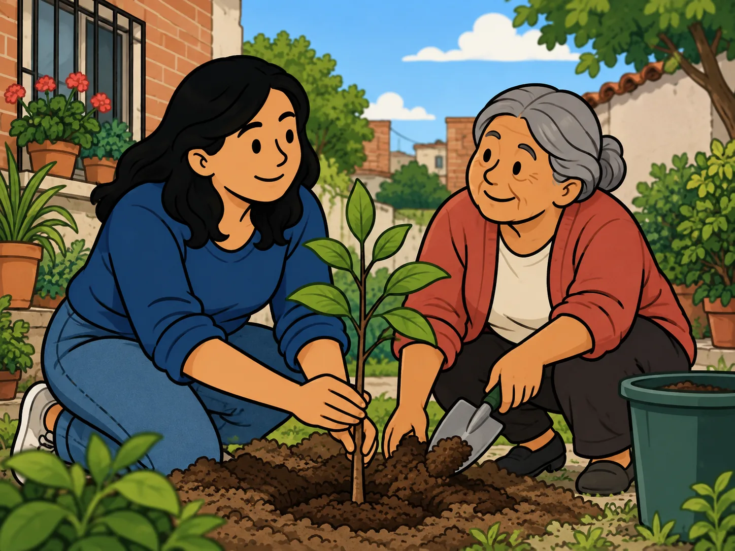 Dos vecinas plantan juntas un árbol pequeño en un patio